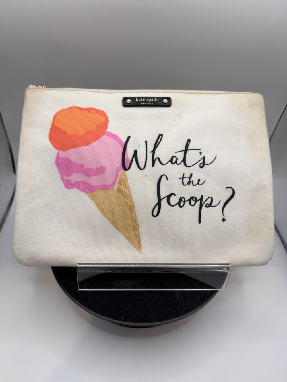 Kate Spade Cream Canvas Pouch with Pink & Orange Ice Cream Graphic